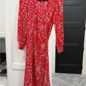 SHEIN Red and White Floral Long Sleeve Dress